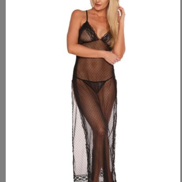 NWT Lace & Dotted Sheer Adj Laced Back Gown Sz L - Picture 1 of 7